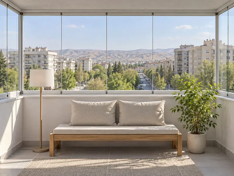 Apartman balkonunun içinden bakışla parapet üstüne kurulmuş cam balkon ve oturma köşesi