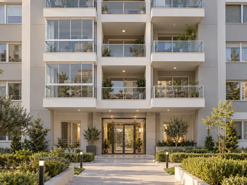 Apartman girişinin üzerinde sıralanan balkonlar ve cephe