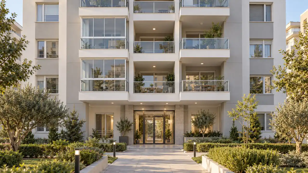 Apartman girişinin üzerinde sıralanan balkonlar ve cephe