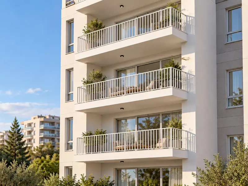 Apartman cephesinde beyaz alüminyum balkon korkulukları