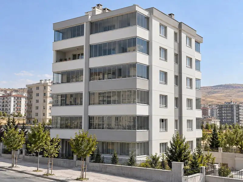 Apartman cephesinde parapet üstünden tavana camla kapatılmış katlanır ve sürme cam balkonlar