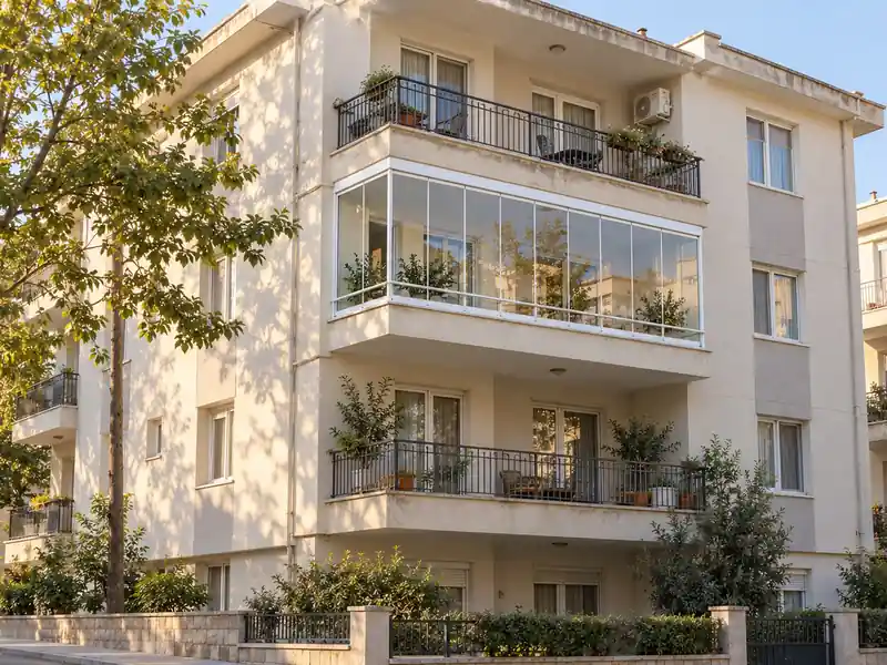 Eski bir apartmanın balkonunda yeni takılmış beyaz profilli cam balkon