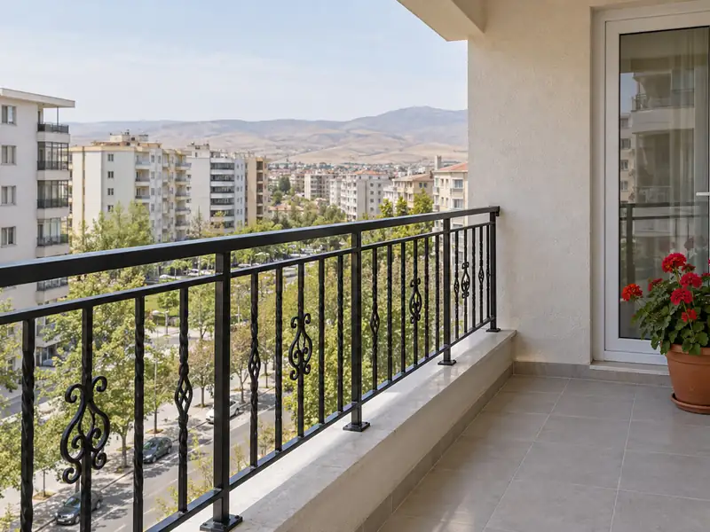 Apartman balkonunda siyah boyalı desenli ferforje korkuluk