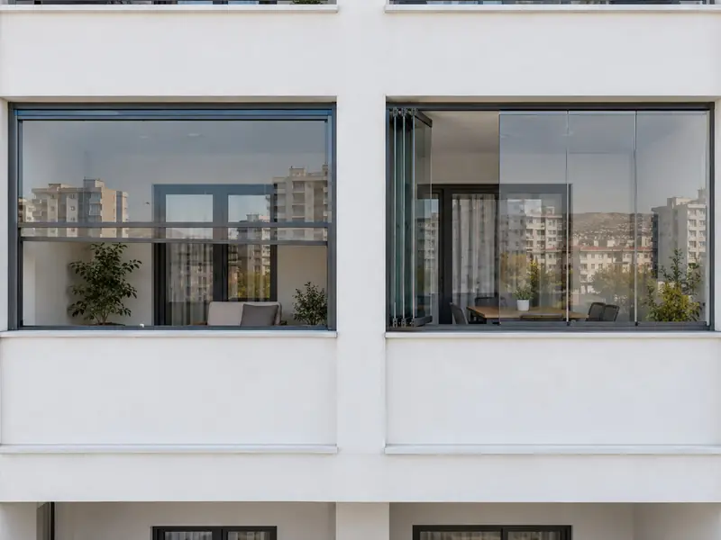 Aynı cephede yan yana giyotin ve katlanır cam balkon kapamaları