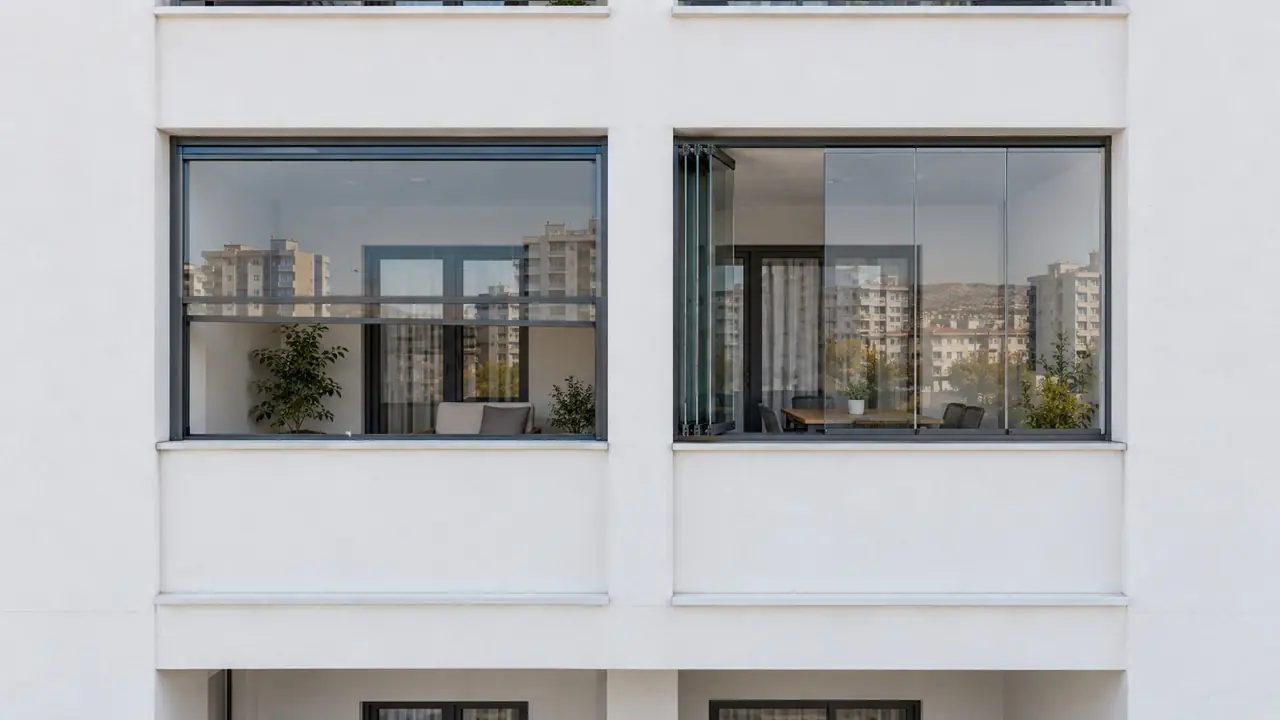Aynı cephede yan yana giyotin ve katlanır cam balkon kapamaları