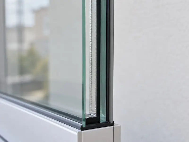 Isıcamlı cam balkon kanadının kenarında çift cam, ara çıta ve sızdırmazlık detayı