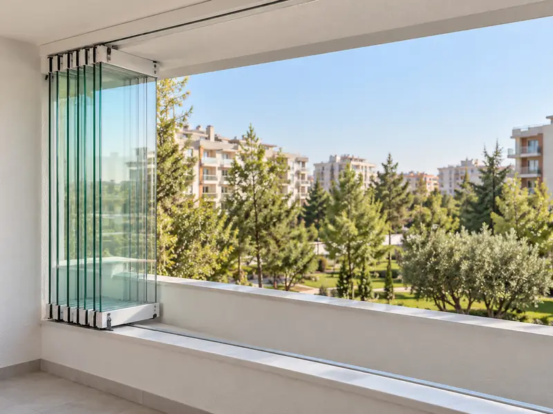 Balkonun bir köşesinde üst üste toplanmış katlanır cam balkon kanatları