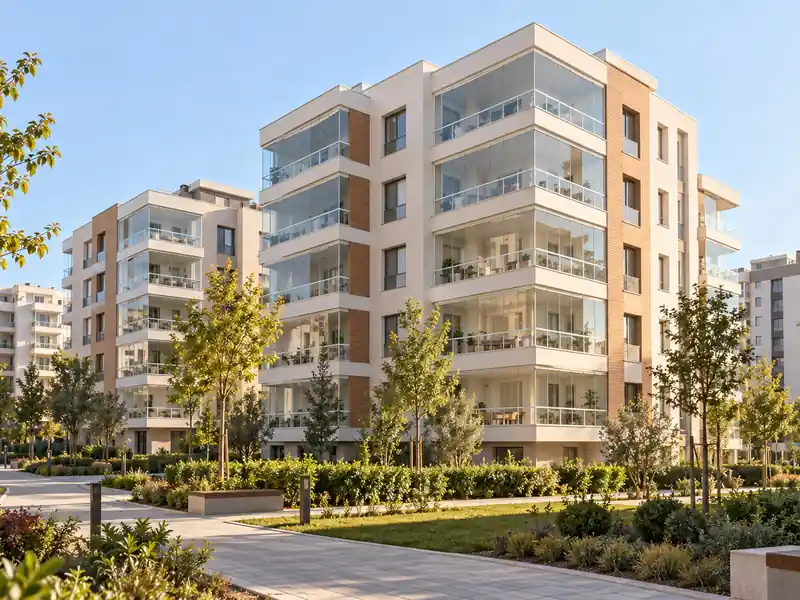 Yeni yapılmış site bloklarında cam balkonla kapatılmış balkon sırası