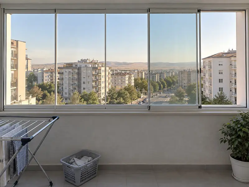 Servis balkonunda parapet üstündeki paralel raylarda kayan sürme cam kanatlar