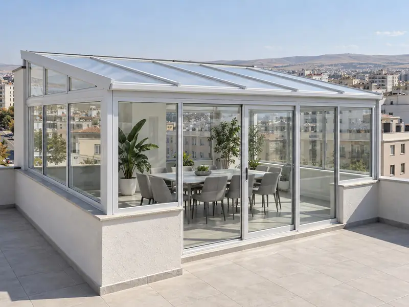 Çatı terasında cam yan duvarlar ve hafif eğimli çatıyla kapatılmış oturma alanı